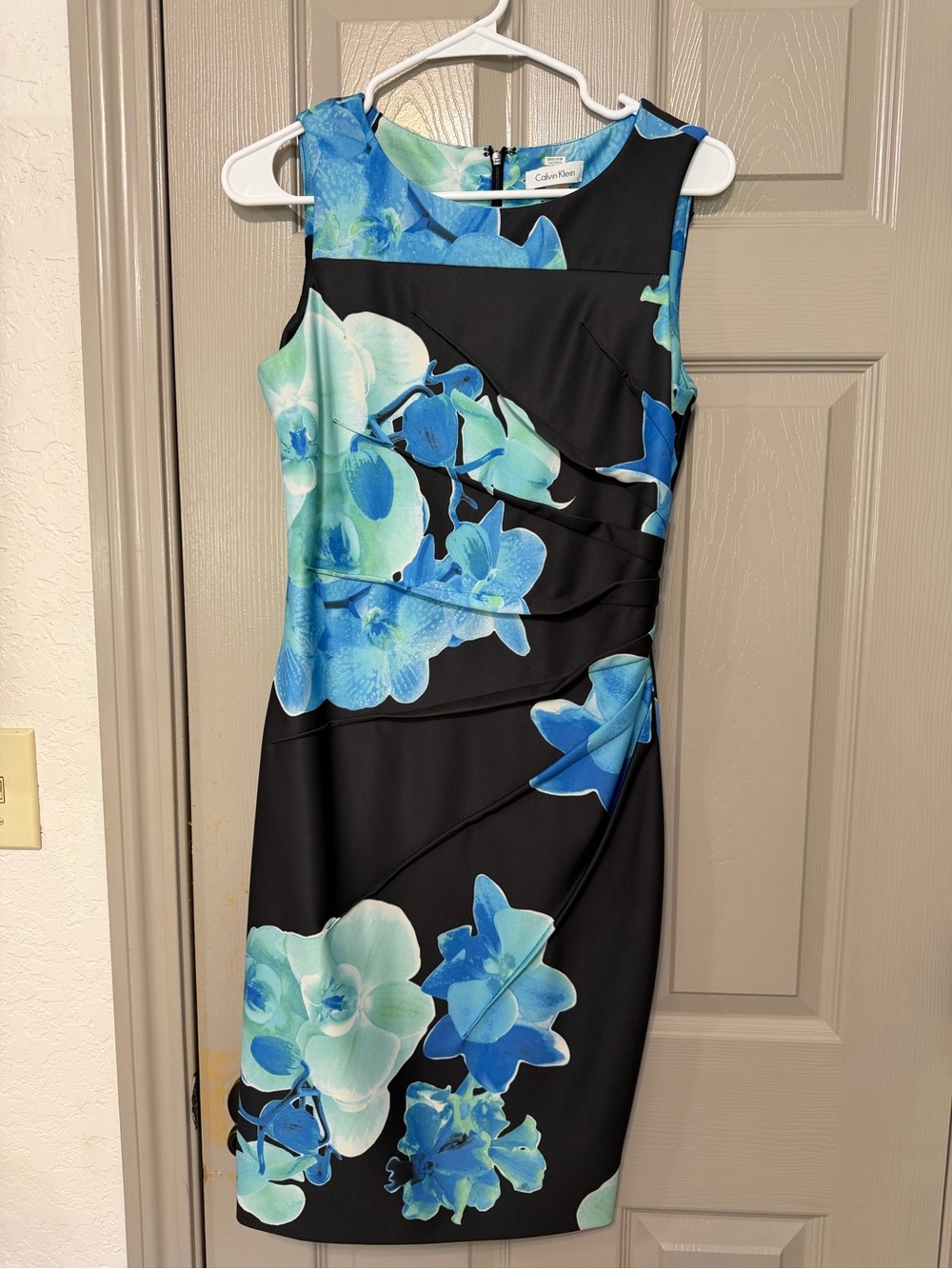 Calvin Klein Black Midi Dress with Blue and Aqua Floral Print